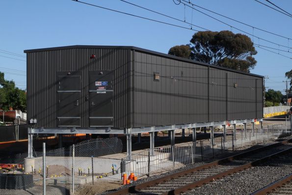 Prefabricated switchgear room in place at the new St Albans traction substation at the down end of Ginifer station