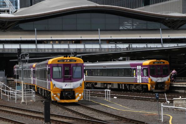 PTV liveried Sprinter 7010 and 7008 depart Southern Cross on a down Seymour service