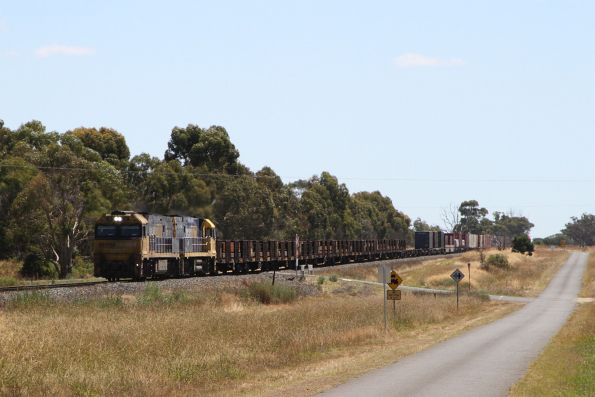 NR57 leads NR111 on 4PM4 up steel train at Inverleigh