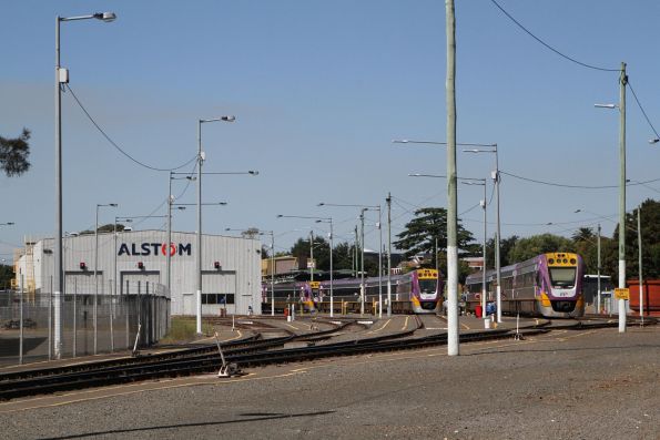 VLocity VL35 and VL05 stabled outside the shed at Ballarat East