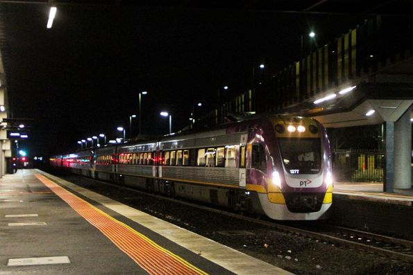 VLocity VL77 leads sets VL32 and VL31 express through Sunshine on a 9-car train to Wyndham Vale