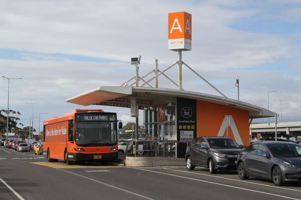 Melbourne Airport bus #505 BS01NG waits for passengers at stop 'A' in the Long Term Car Park