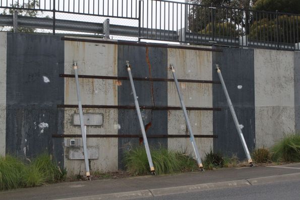 Failing retaining wall propped up in the Taylors Road underpass at Keilor Plains