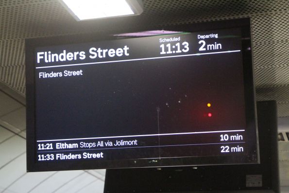 'Flinders Street' train on the PIDS at Parliament station platform 1