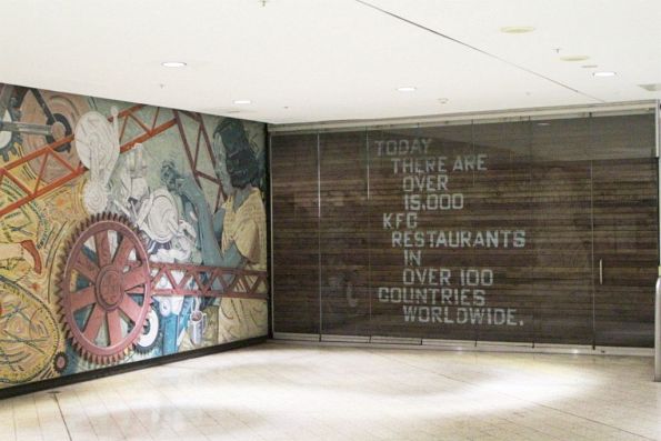 KFC service window now boarded up, facing into the Elizabeth Street end paid area at Melbourne Central Station