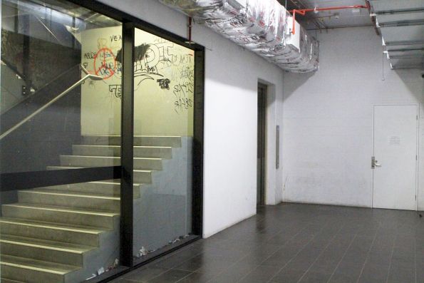 Staircase and lift to La Trobe Street for Melbourne Central station inside the Aurora Melbourne development