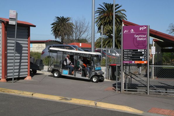 Travellers Aid volunteers transport passengers between the coach stop and the platform at Seymour station