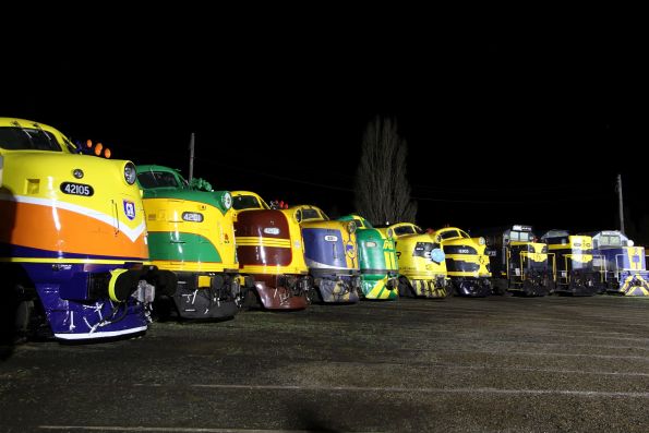 42105, 4201, 4204, S311, GM19, GM10, S303, P22, T357 and T387 displayed around the turntable at Goulburn Roundhouse