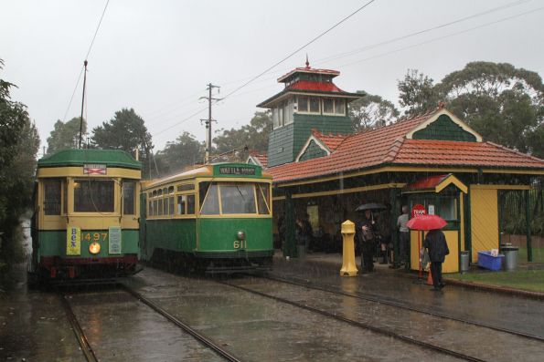 Sydney P class tram 1497 alongside Melbourne tram Y1.611 at the Sydney Tramway Museum