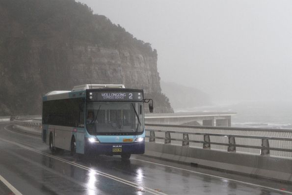 Premier Charters bus m/o 8528 crosses the Sea Cliff Bridge with a route 2 service to Wollongong