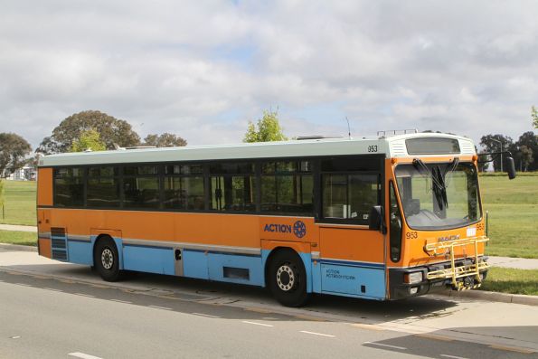 ACTION high floor bus #953 between runs at The Valley Avenue, Gungahlin