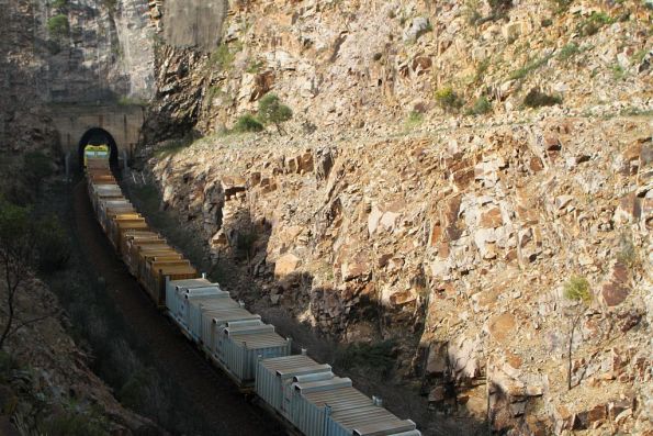 Northbound steel train heads into the second Bethungra Spiral tunnel