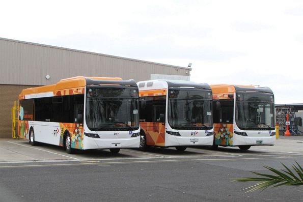 Kinetic electric buses #3007 BS07IH and #3008 with hybrid bus #4020 awaiting delivery at Volgren Dandenong 