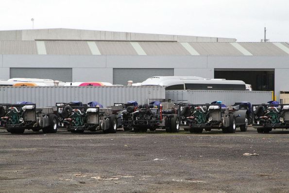 Diesel bus chassis parked out the back of Volgren