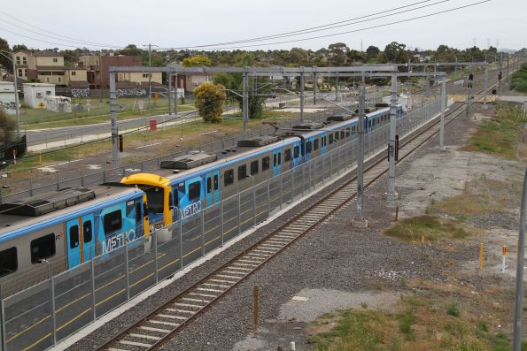 Siemens 839M and 765M stabled at the down end of Watergardens siding A