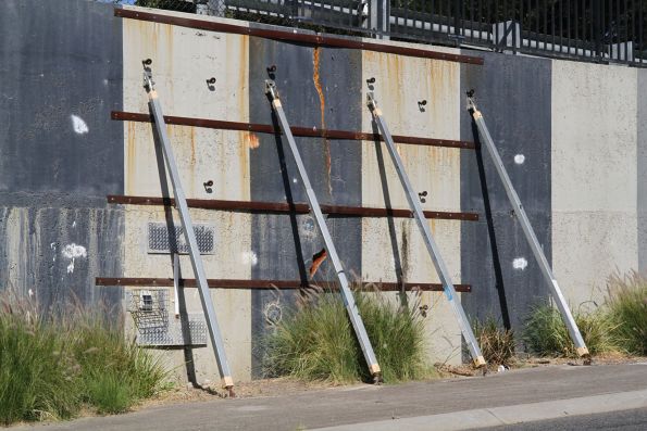 Failing retaining wall propped up in the Taylors Road underpass at Keilor Plains