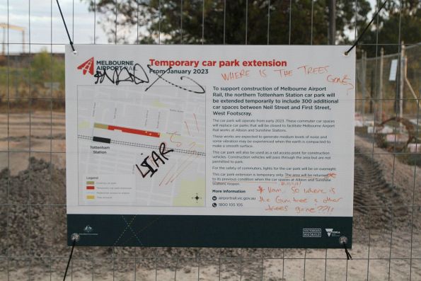 'Where have the trees gone' graffiti on Melbourne Airport Rail signage in West Footscray