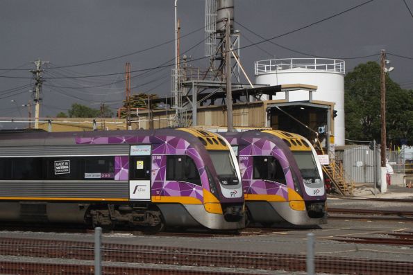 VLocity VL03 and VL08 stabled for the weekend at Geelong Loco