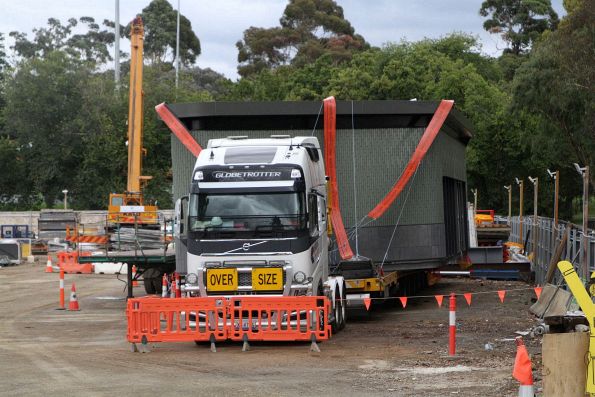 Oversized modular toilet block for Union Station parked at the Surrey Park compound