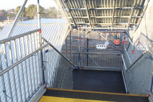 Scaffolding used to provide temporary stairs to up end of platform 2