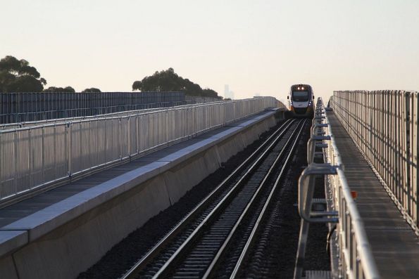 Yet another VLocity train crosses the new elevated tracks at Deer Park on the down