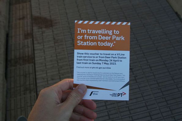 'Free travel from Deer Park station until 7 May 2023' flyer being handed out by staff