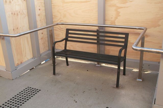 Marquee brand 'Steel Park Benches' from Bunnings installed on the ramp to platform 1