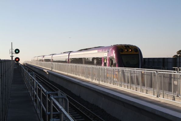 VLocity VL23 leads VL103 into the new elevated Deer Park station on the down