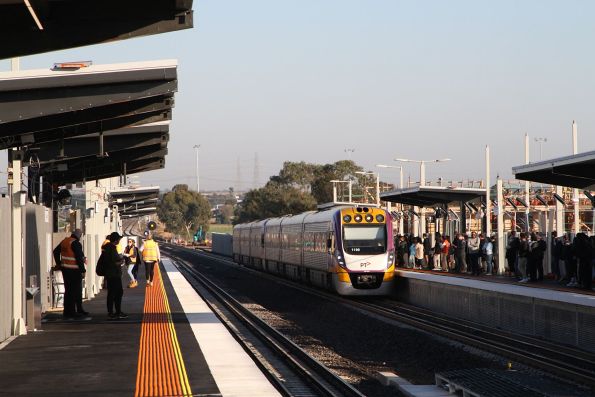 VLocity VL90 and classmate arrive into the new elevated Deer Park station on the up