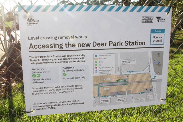 'Accessing the new Deer Park station' signage by the temporary car park