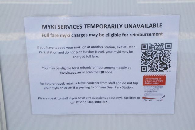 'Deer Park station myki services temporarily unavailable' signage