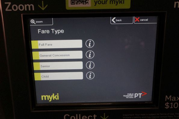 'Fare type' menu displayed on a Myki machine when buying a new card