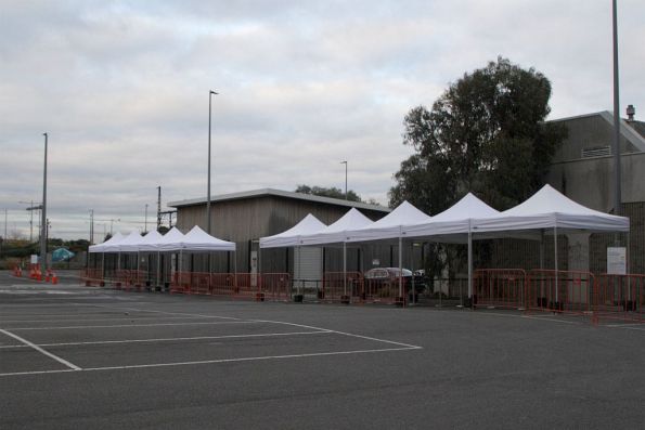 Marquees set up at Sunshine station in the Sun Crescent car park for waiting rail replacement bus passengers