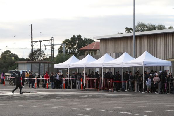 Saturday morning and a long queue for Sunbury rail replacement buses  at Sunshine station