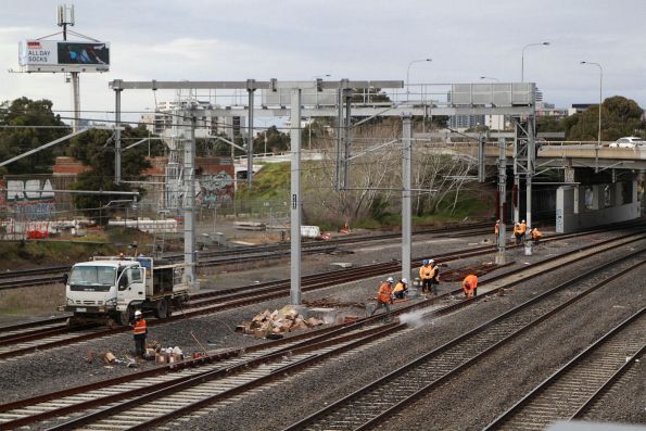 John Holland crew with hi-rail truck complete a rail weld at the up end of West Footscray