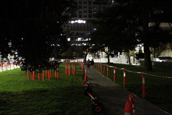 Long dark walk through Flagstaff Gardens for express rail replacement buses to Sunshine