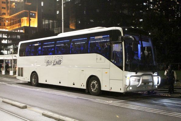 Millars Bus Lines coach BS02OC on a Sunbury rail replacement service on William Street at Flagstaff Gardens