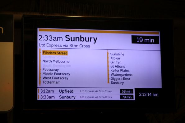 Sunbury service at Flinders Street advertised as 'Ltd Express via Sthn Cross' despite not stopping at Southern Cross