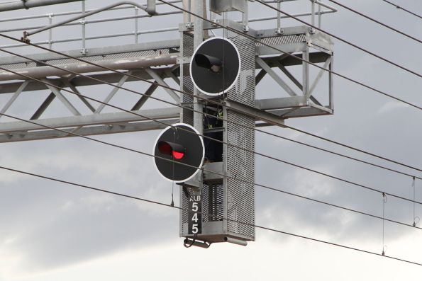 Signal fitter up on the gantry trying to fix failed signal ALB545 at Albion