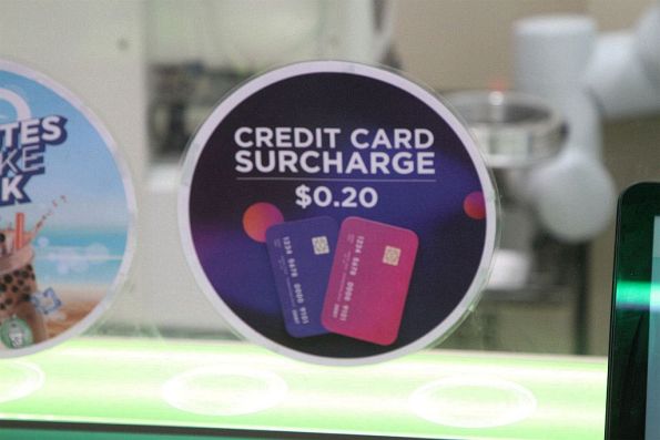 '$0.20 credit card surcharge' notice on the 'Robo Tea' bubble tea vending machine that doesn't accept cash