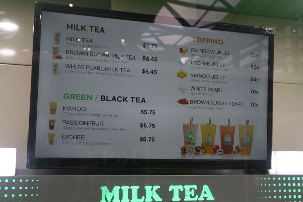 Menu at the 'Robo Tea' bubble tea vending machine