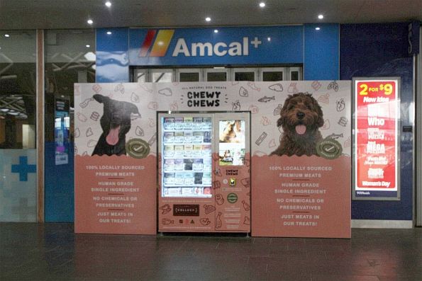 Dog treat vending machine installed in front of an abandoned Amcal chemist at Southern Cross Station