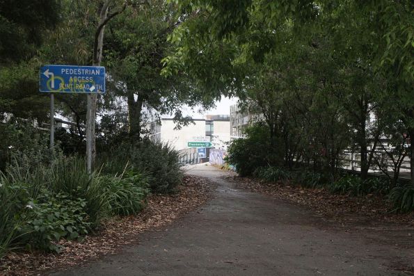 Dark footpath between the trees links the St Kilda Junction tram stop to Punt Road