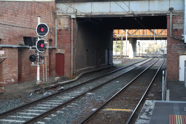 TrackLink III beacon fitted between the rails on the approach to North Melbourne platform 3