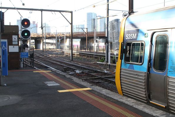 Conventional train and HCMT stop marks at the up end of North Melbourne platform 3