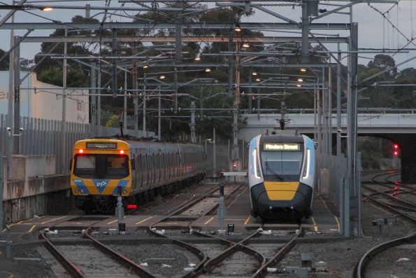 EDI Comeng 324M stabled alongside HCMT set 37 at Sunbury 