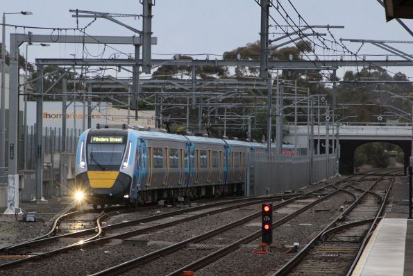 HCMT set 37 exits the sidings at Sunbury to form the first public HCMT service on the Sunbury line