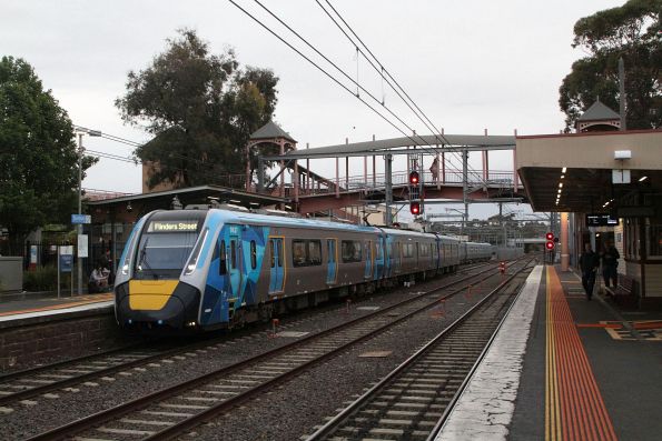 HCMT set 37 exits the sidings at Sunbury to form the first public HCMT service on the Sunbury line