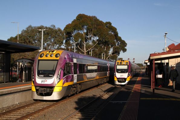 VLocity VL108 and classmate on a down Wendouree service overtake VL60 waiting in the platform at Melton