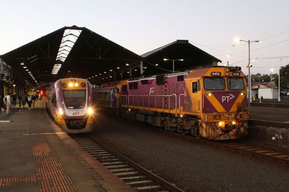 VLocity VL30 and classmate alongside N456 with carriage set SLH33 at Geelong